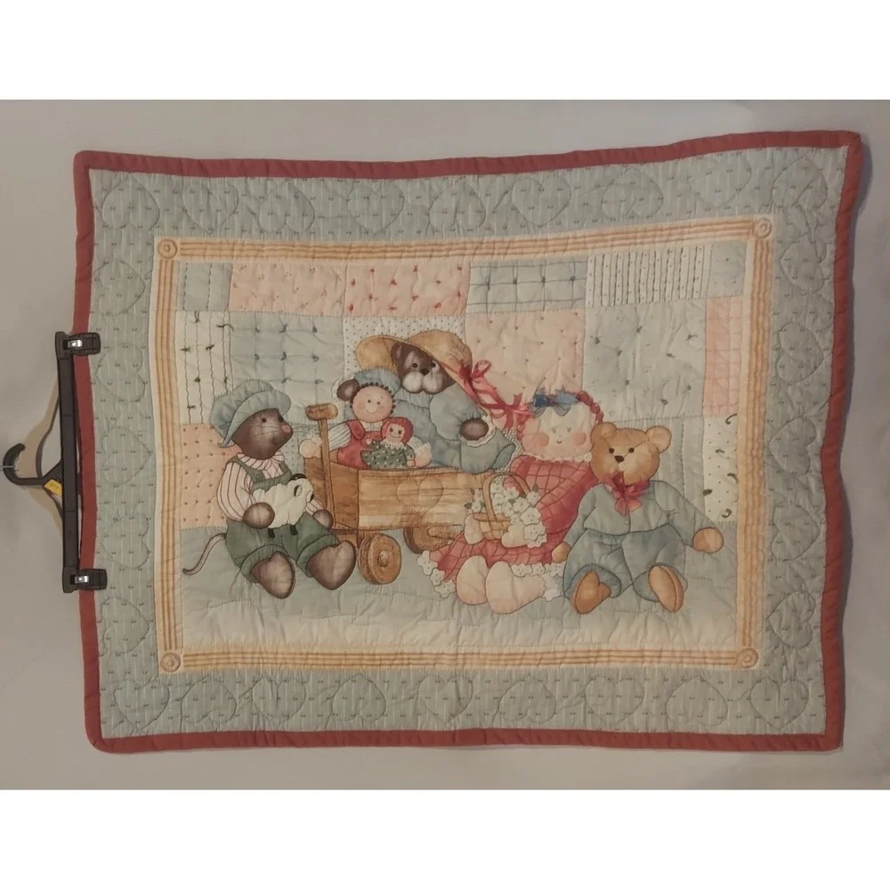 Vintage Handmade Reversible Baby Crib Quilt Blanket Embroidered Approx. 30×40